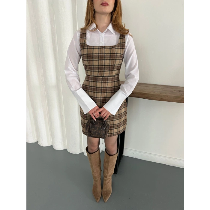 Ekose Gömlekli Jile Elbise Bej