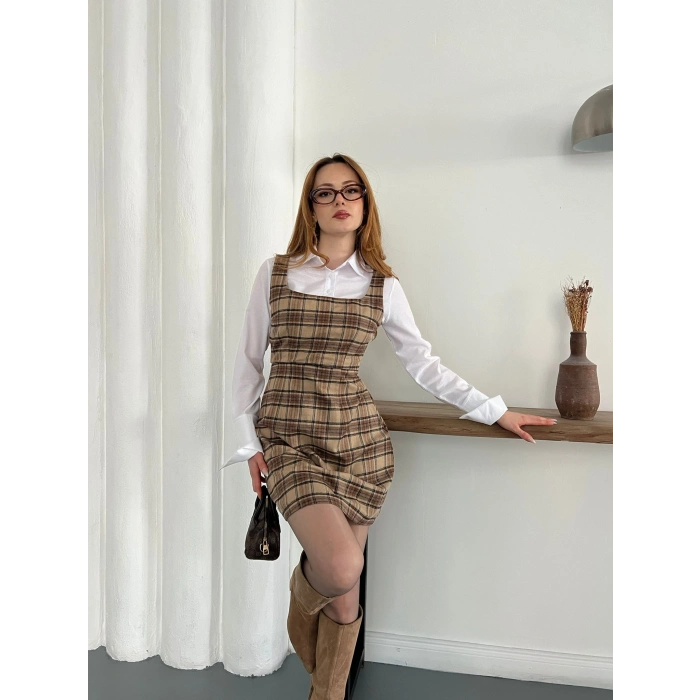 Ekose Gömlekli Jile Elbise Bej