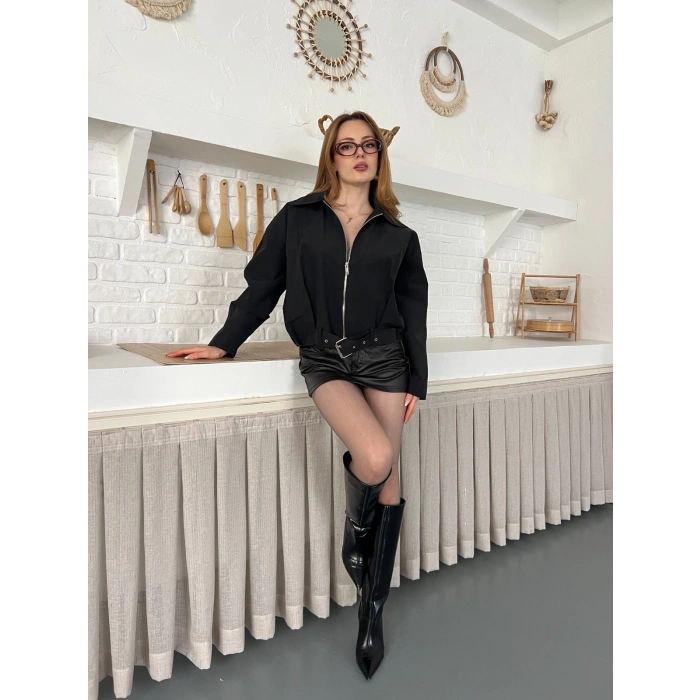 Fermuarlı Kemer Detaylı Oversize Trenç Ceket Siyah