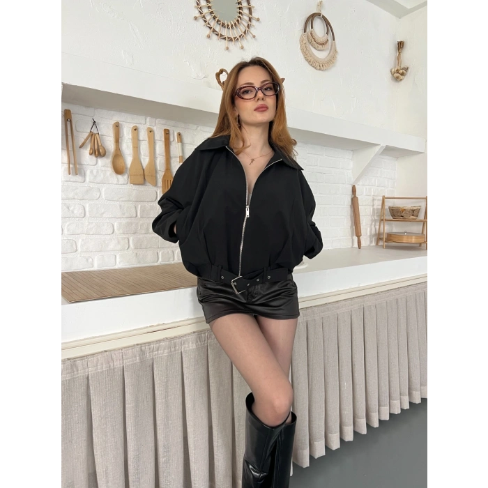 Fermuarlı Kemer Detaylı Oversize Trenç Ceket Siyah