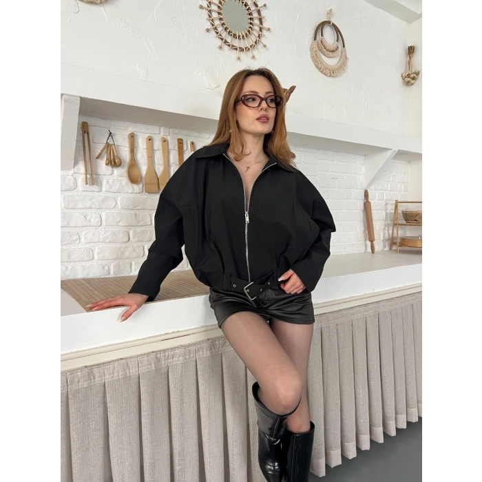 Fermuarlı Kemer Detaylı Oversize Trenç Ceket Siyah