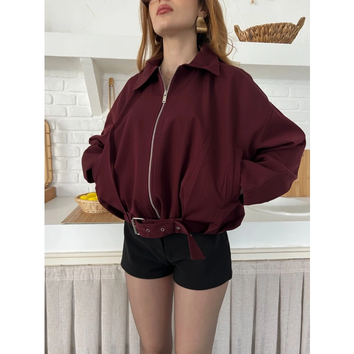 Fermuarlı Kemer Detaylı Oversize Trenç Ceket Bordo