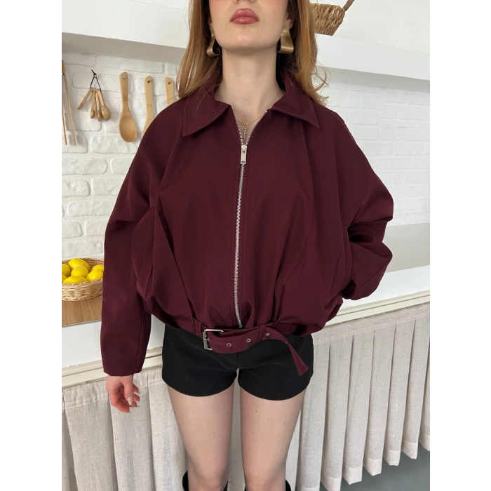 Fermuarlı Kemer Detaylı Oversize Trenç Ceket Bordo