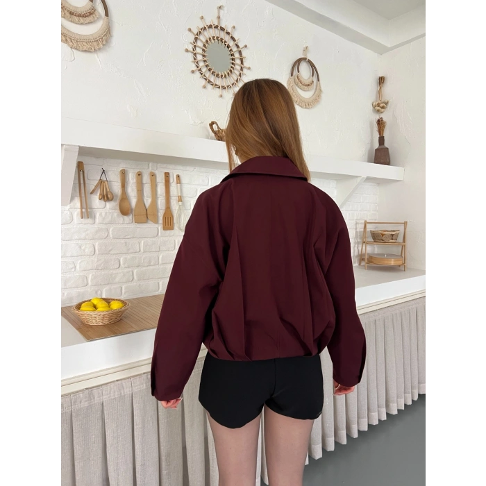 Fermuarlı Kemer Detaylı Oversize Trenç Ceket Bordo