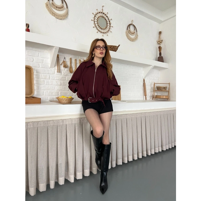 Fermuarlı Kemer Detaylı Oversize Trenç Ceket Bordo
