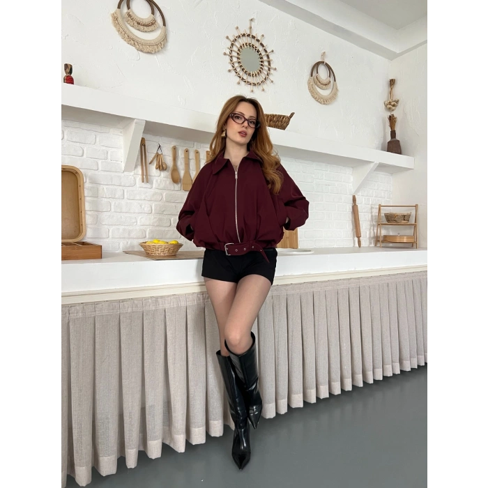 Fermuarlı Kemer Detaylı Oversize Trenç Ceket Bordo