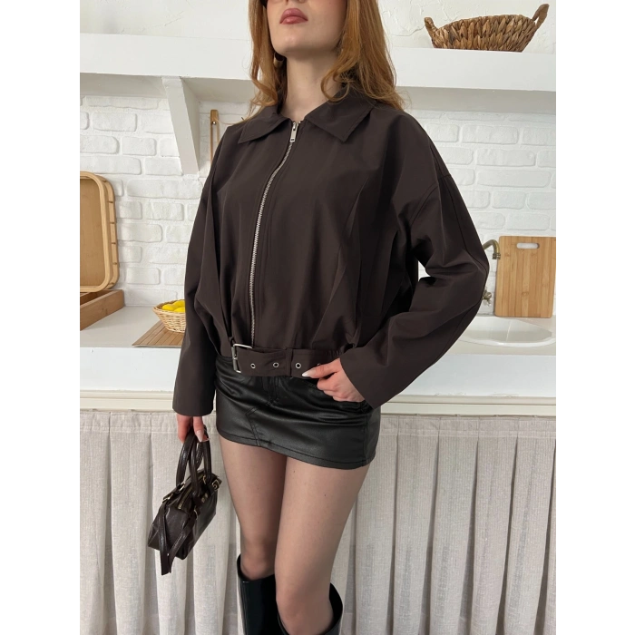 Fermuarlı Kemer Detaylı Oversize Trenç Ceket Acı Kahve