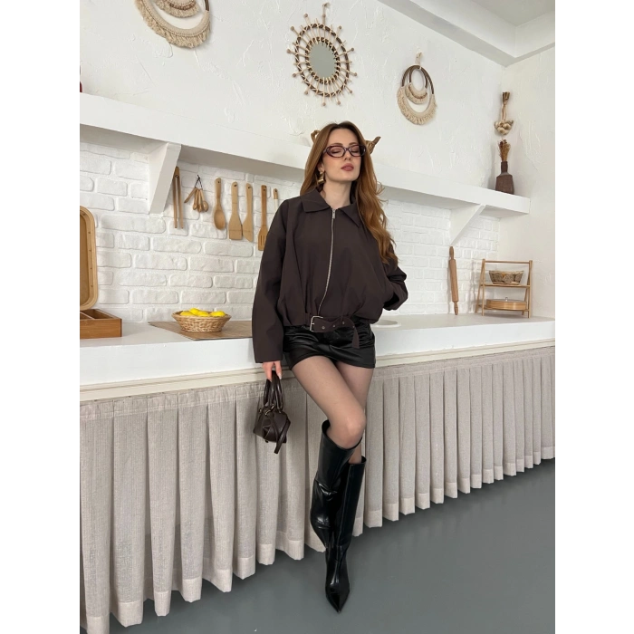 Fermuarlı Kemer Detaylı Oversize Trenç Ceket Acı Kahve