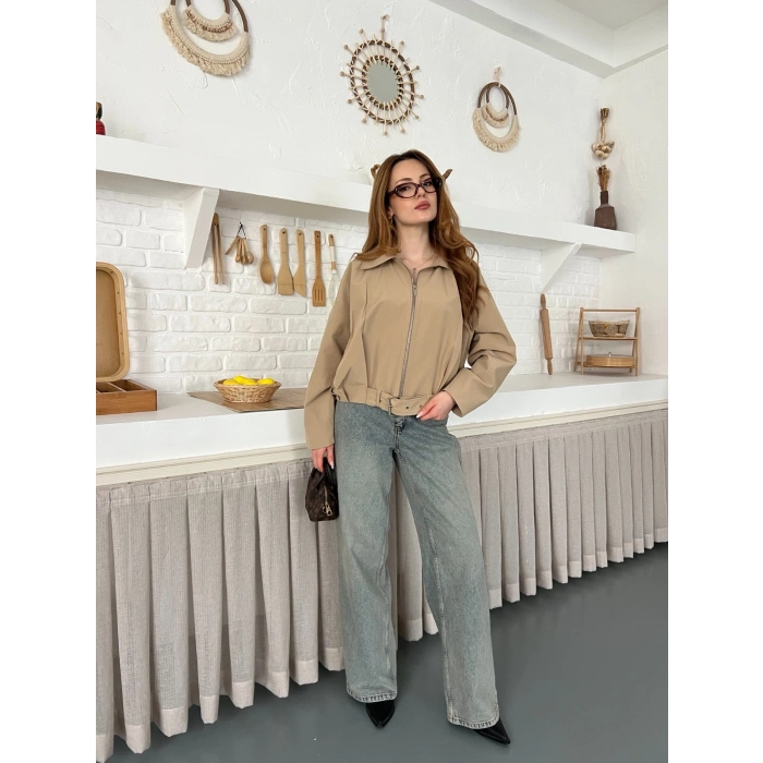 Fermuarlı Kemer Detaylı Oversize Trenç Ceket Bej