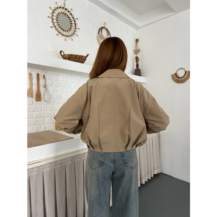 Fermuarlı Kemer Detaylı Oversize Trenç Ceket Bej