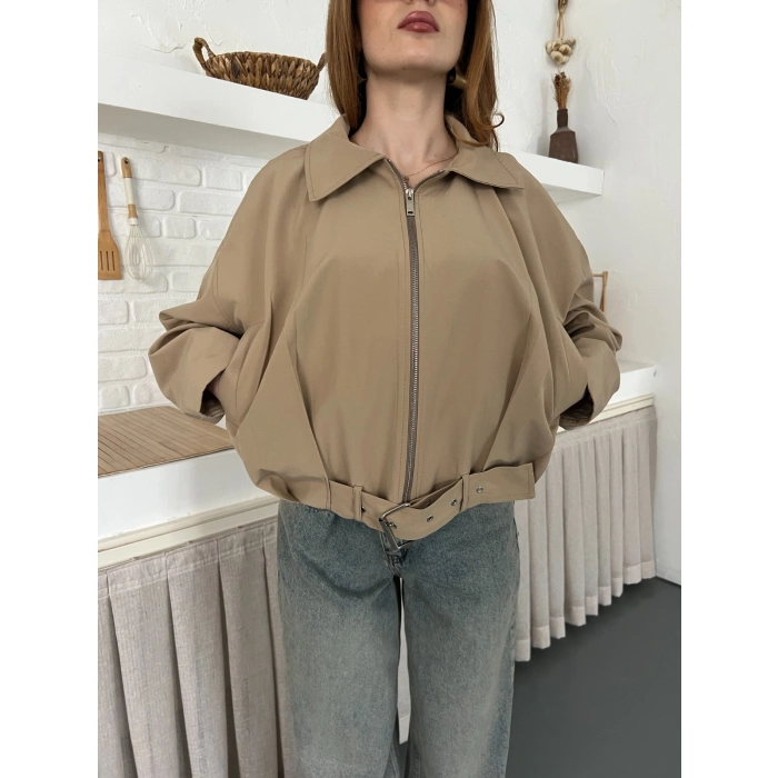 Fermuarlı Kemer Detaylı Oversize Trenç Ceket Bej