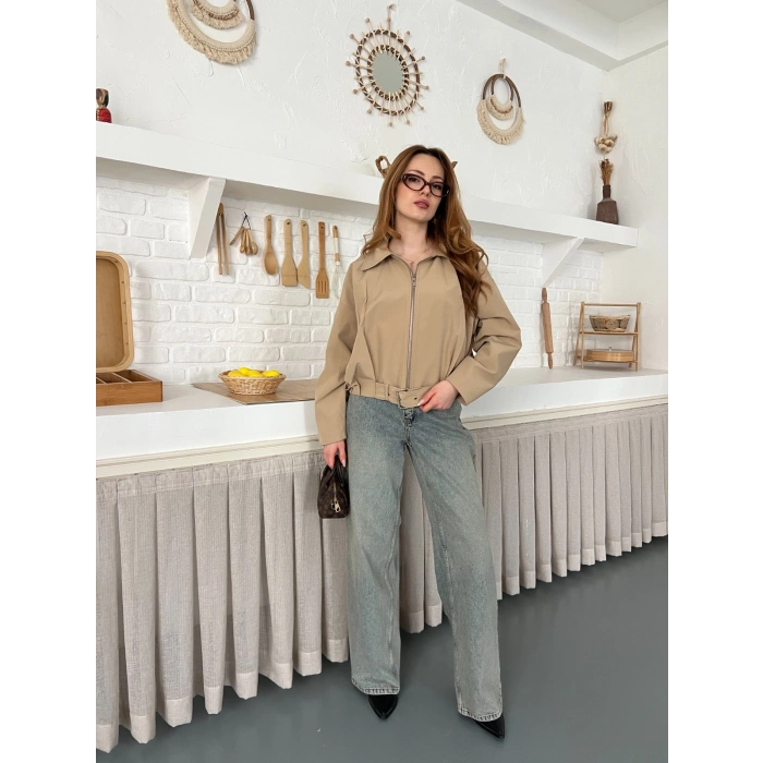 Fermuarlı Kemer Detaylı Oversize Trenç Ceket Bej