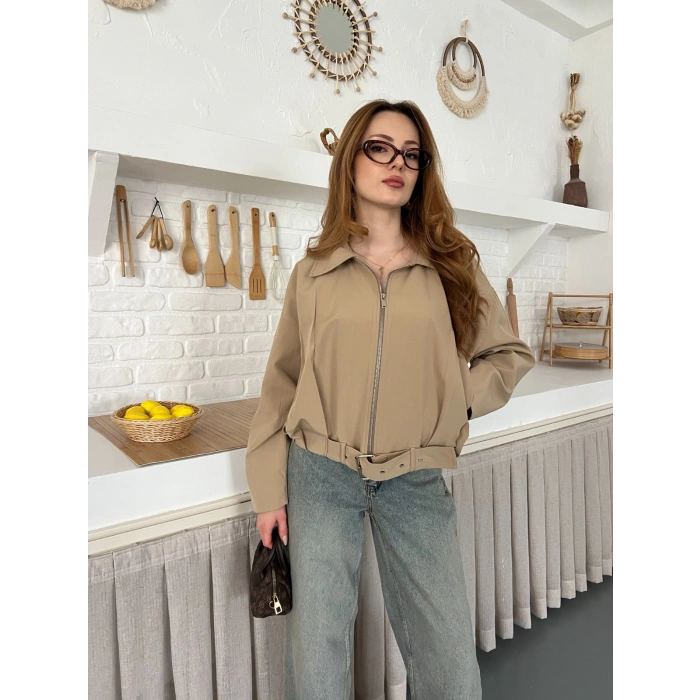 Fermuarlı Kemer Detaylı Oversize Trenç Ceket Bej