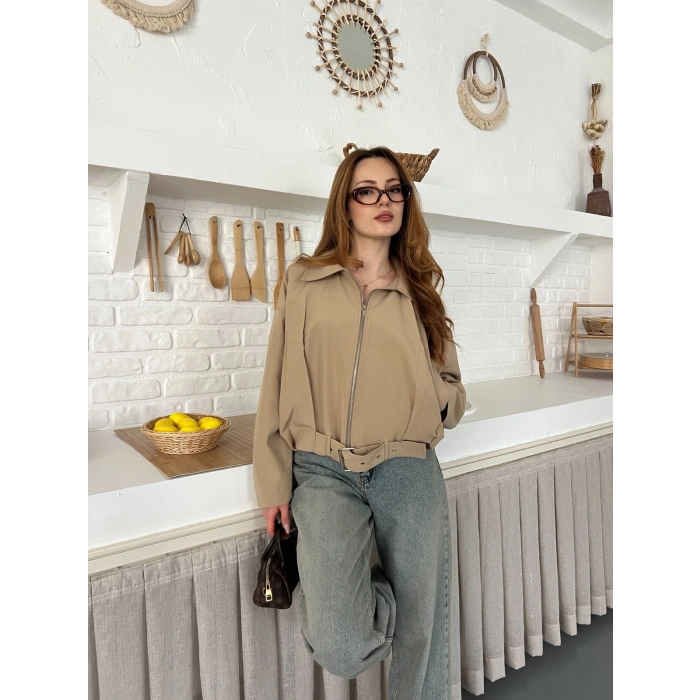 Fermuarlı Kemer Detaylı Oversize Trenç Ceket Bej