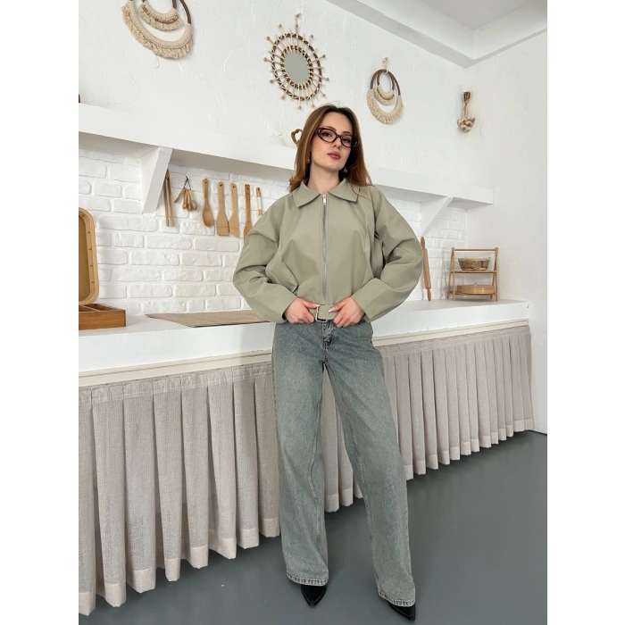 Fermuarlı Kemer Detaylı Oversize Trenç Ceket Haki