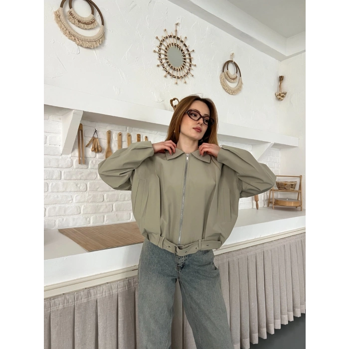 Fermuarlı Kemer Detaylı Oversize Trenç Ceket Haki