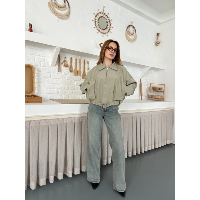 Fermuarlı Kemer Detaylı Oversize Trenç Ceket Haki