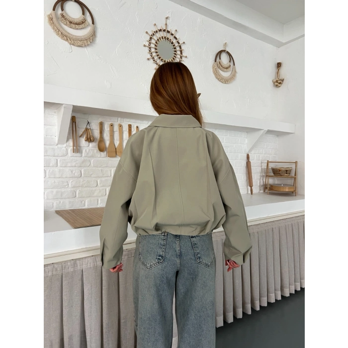 Fermuarlı Kemer Detaylı Oversize Trenç Ceket Haki