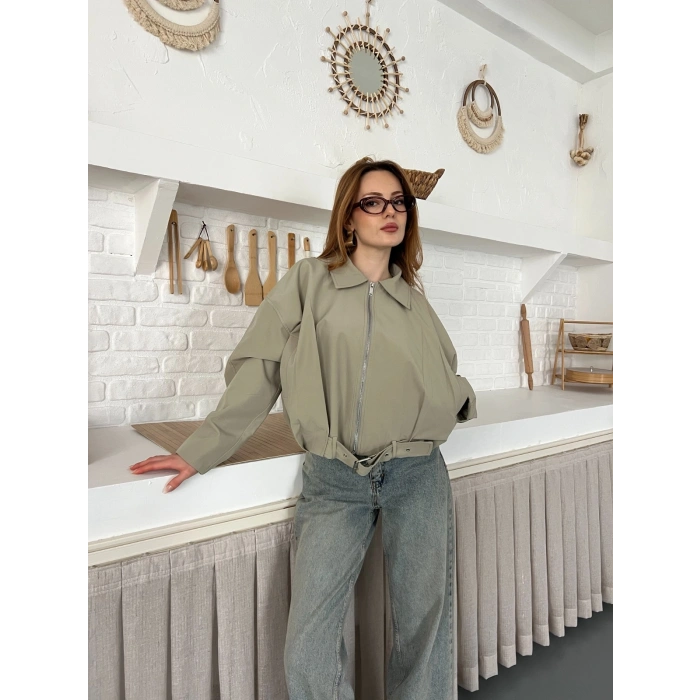 Fermuarlı Kemer Detaylı Oversize Trenç Ceket Haki