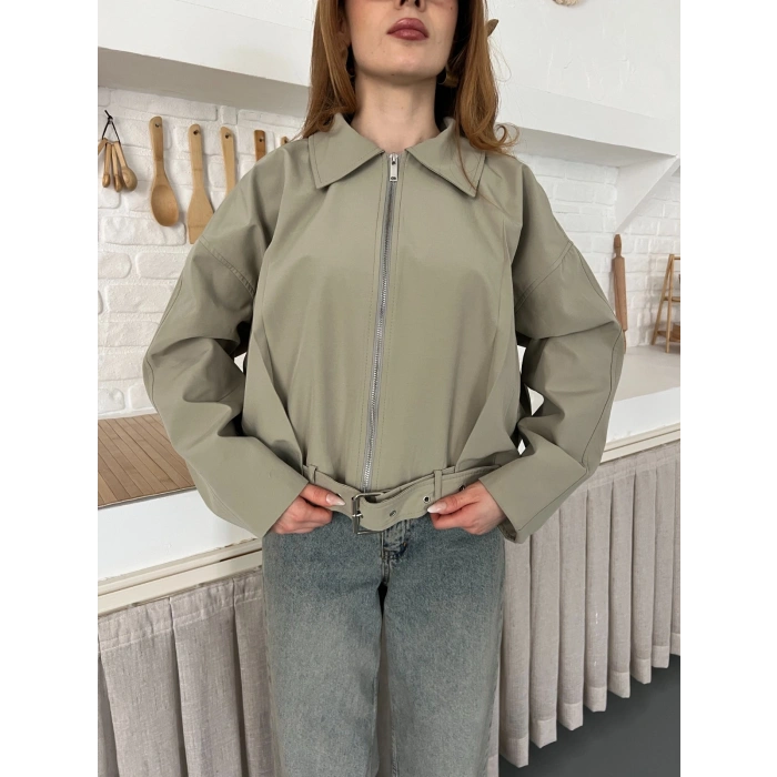 Fermuarlı Kemer Detaylı Oversize Trenç Ceket Haki