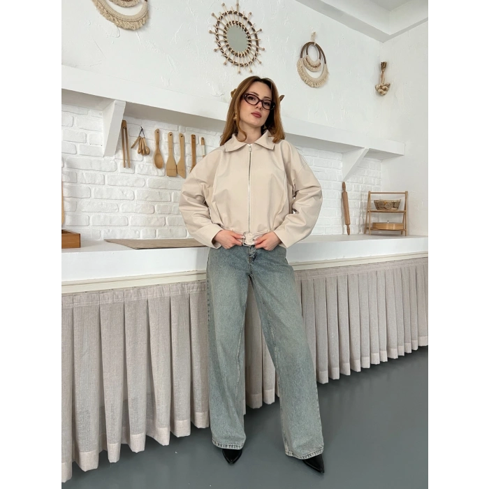 Fermuarlı Kemer Detaylı Oversize Trenç Ceket Taş