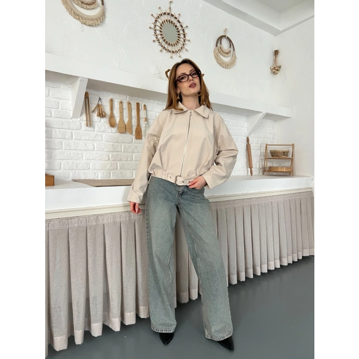 Fermuarlı Kemer Detaylı Oversize Trenç Ceket Taş