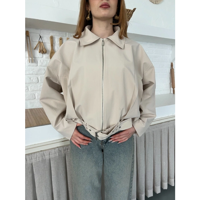 Fermuarlı Kemer Detaylı Oversize Trenç Ceket Taş