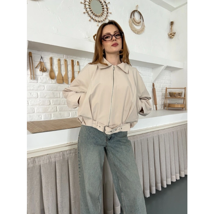 Fermuarlı Kemer Detaylı Oversize Trenç Ceket Taş