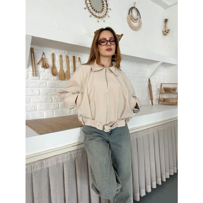 Fermuarlı Kemer Detaylı Oversize Trenç Ceket Taş