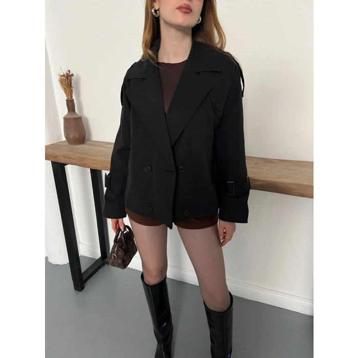 Omuz Kol Manşet Detaylı Cepli Trenç Ceket Siyah