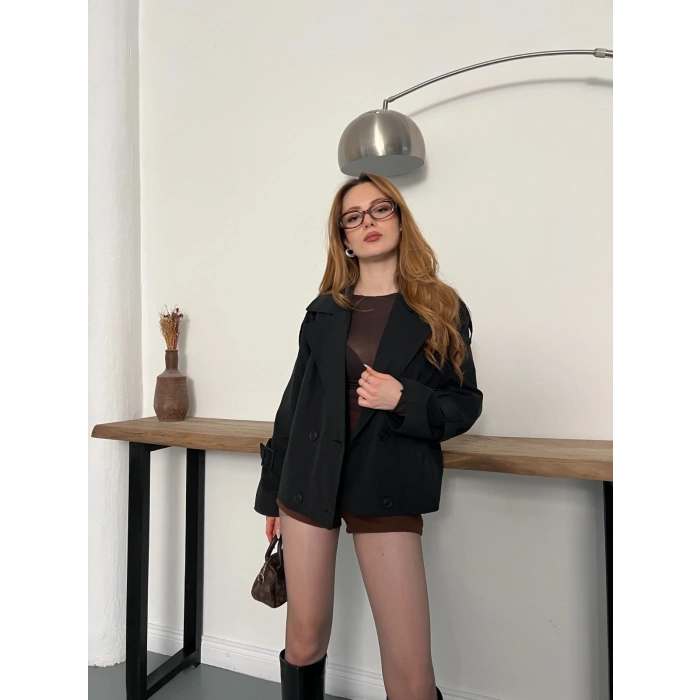 Omuz Kol Manşet Detaylı Cepli Trenç Ceket Siyah