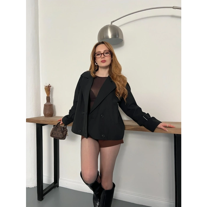 Omuz Kol Manşet Detaylı Cepli Trenç Ceket Siyah