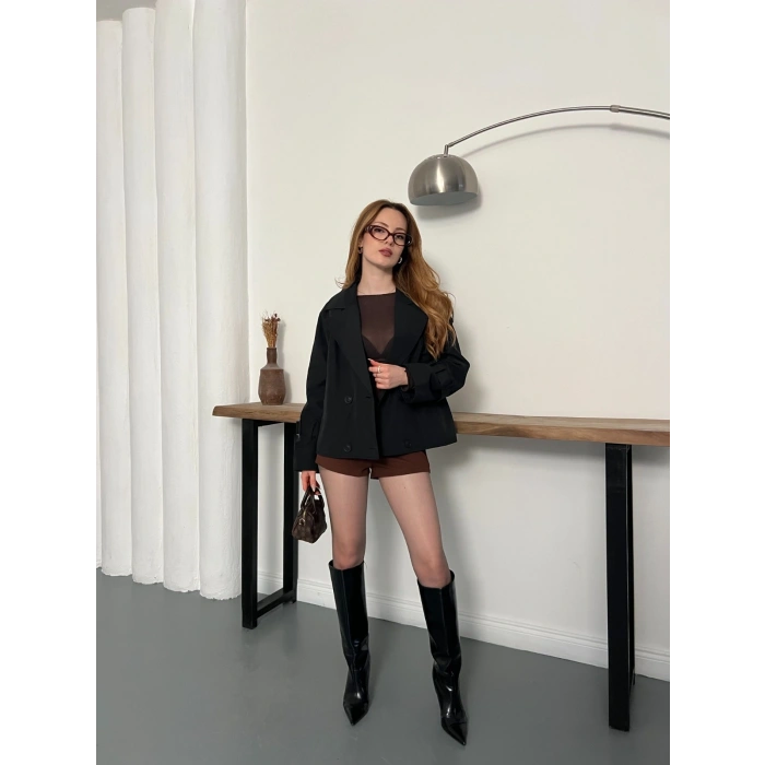 Omuz Kol Manşet Detaylı Cepli Trenç Ceket Siyah