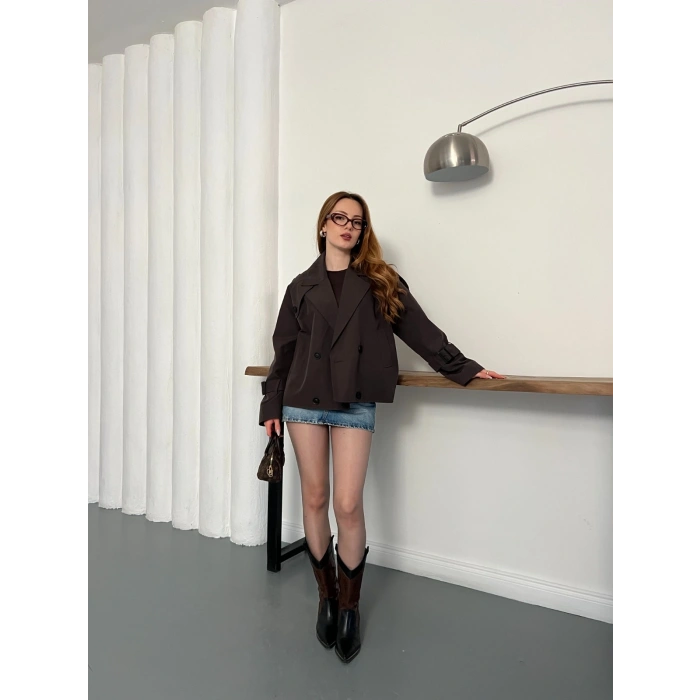 Omuz Kol Manşet Detaylı Cepli Trenç Ceket Acı Kahve