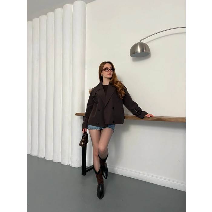 Omuz Kol Manşet Detaylı Cepli Trenç Ceket Acı Kahve