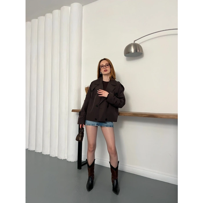 Omuz Kol Manşet Detaylı Cepli Trenç Ceket Acı Kahve