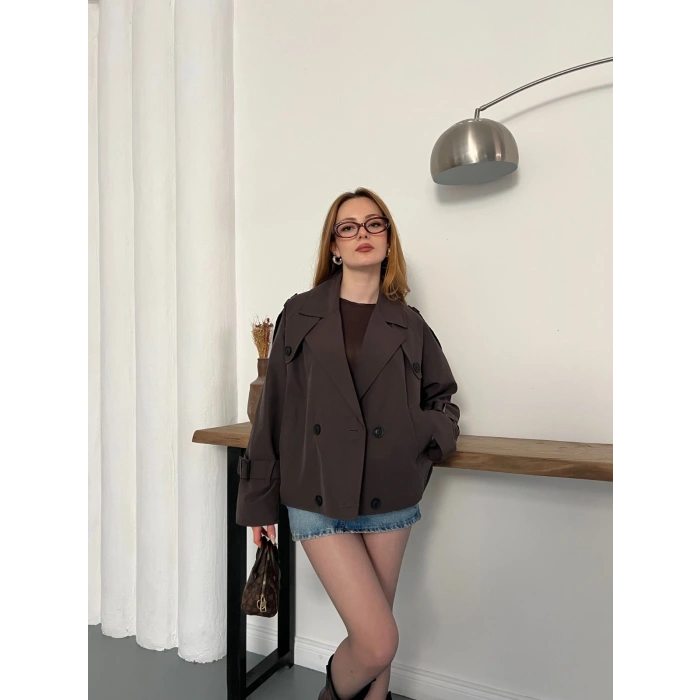 Omuz Kol Manşet Detaylı Cepli Trenç Ceket Acı Kahve