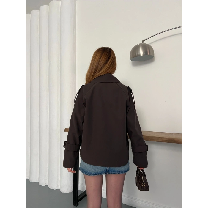 Omuz Kol Manşet Detaylı Cepli Trenç Ceket Acı Kahve