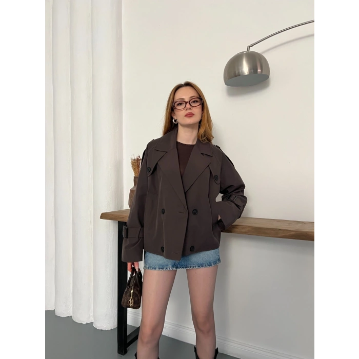 Omuz Kol Manşet Detaylı Cepli Trenç Ceket Acı Kahve