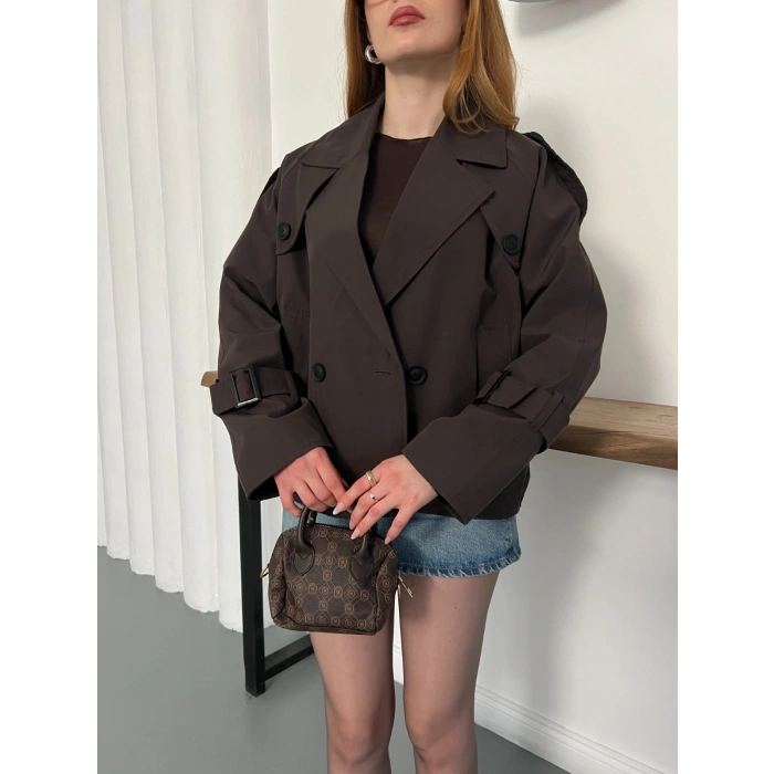 Omuz Kol Manşet Detaylı Cepli Trenç Ceket Acı Kahve