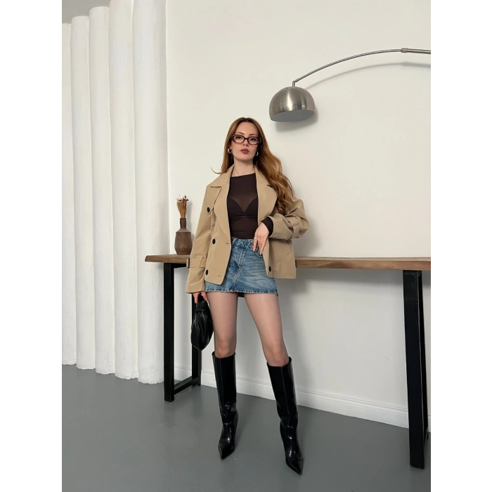 Omuz Kol Manşet Detaylı Cepli Trenç Ceket Camel