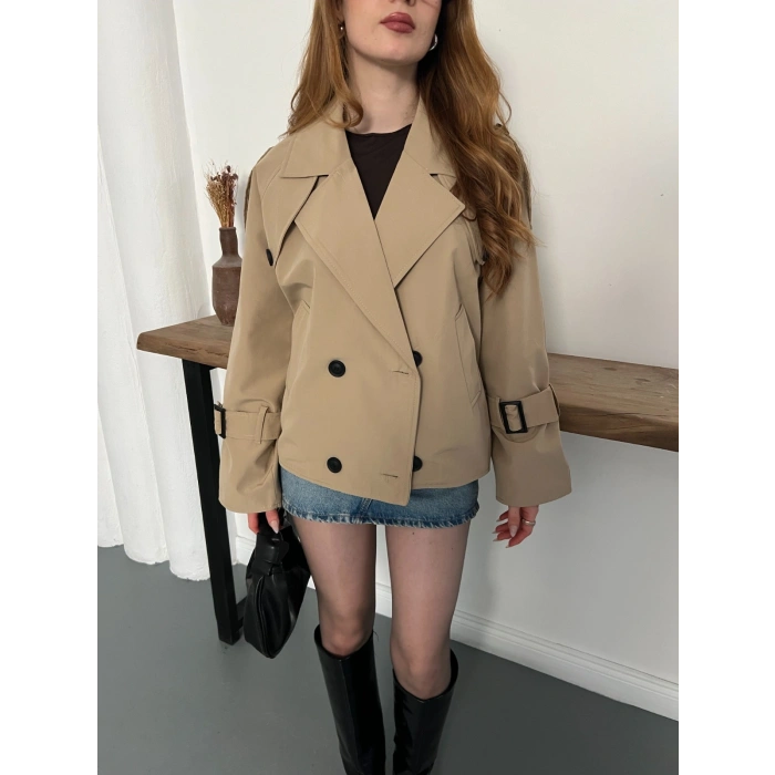 Omuz Kol Manşet Detaylı Cepli Trenç Ceket Camel