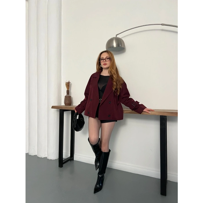 Omuz Kol Manşet Detaylı Cepli Trenç Ceket Bordo