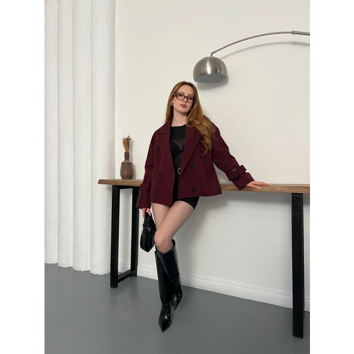 Omuz Kol Manşet Detaylı Cepli Trenç Ceket Bordo