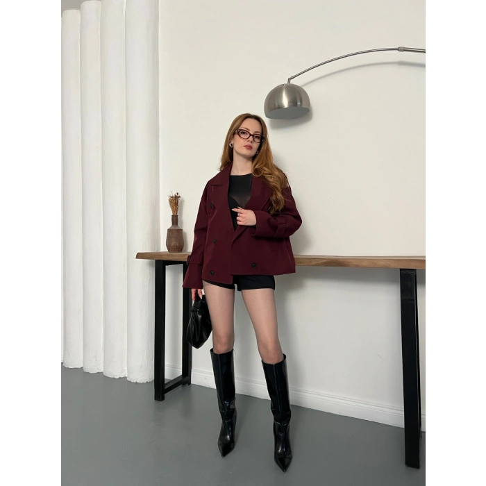 Omuz Kol Manşet Detaylı Cepli Trenç Ceket Bordo