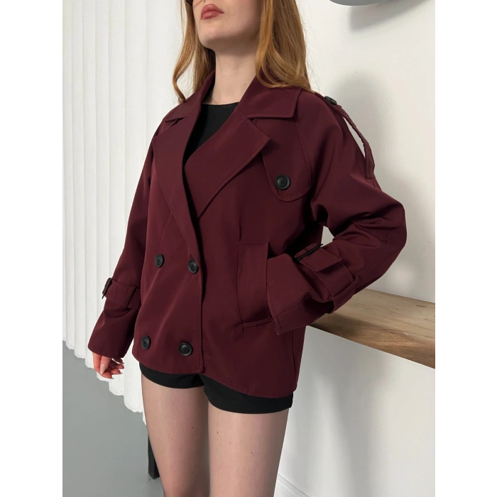 Omuz Kol Manşet Detaylı Cepli Trenç Ceket Bordo