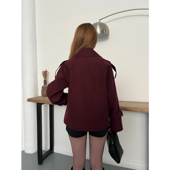 Omuz Kol Manşet Detaylı Cepli Trenç Ceket Bordo