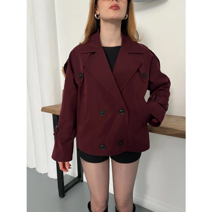 Omuz Kol Manşet Detaylı Cepli Trenç Ceket Bordo