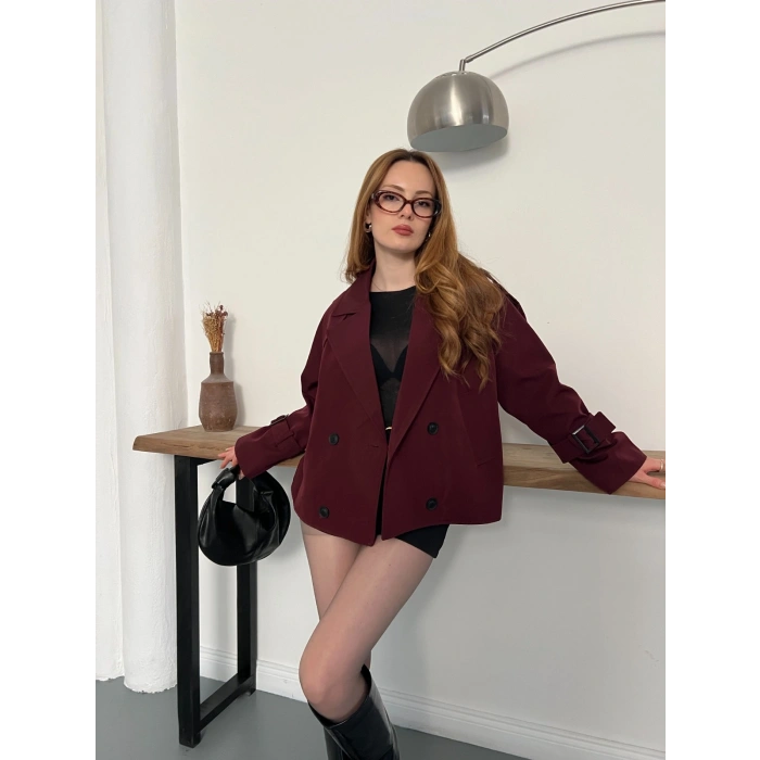 Omuz Kol Manşet Detaylı Cepli Trenç Ceket Bordo