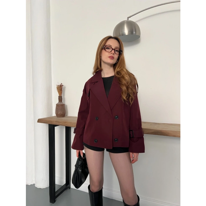Omuz Kol Manşet Detaylı Cepli Trenç Ceket Bordo